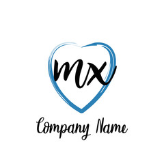 MX initial handwriting in a love brush-shaped template