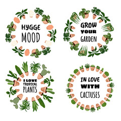 Set of wreath ornament hygge designs. Set of potted succulent plants in a circle composition. Cozy lagom scandinavian style collection of plants