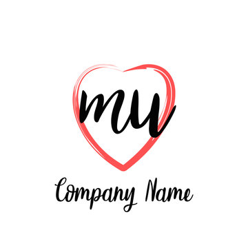 MU initial handwriting in a love brush-shaped template