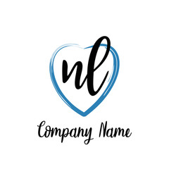 NL initial handwriting in a love brush-shaped template