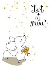 Little mouse with knitted hat catches snow by mouth, greeting card for your design, vector illustration 10eps