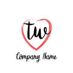 TW initial handwriting in a love brush-shaped template
