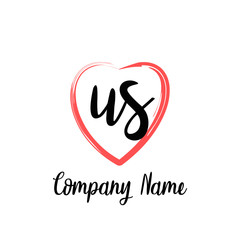 US initial handwriting in a love brush-shaped template