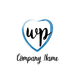 WP initial handwriting in a love brush-shaped template