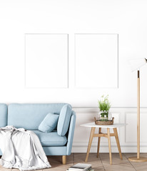 stay home Cozy Interior Mock up With Double Poster Frames, Living Room, Scandinavian Style, 3D Render, 3D Illustration