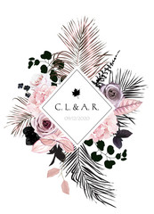 Black and dusty pink flowers glamour vector design square frame © lavendertime
