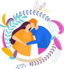 Couple in love in floral frame. Trendy flat cartoon style.