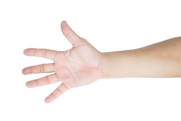 Hand and arm asian man or caucasian hand gestures hold or catching something empty or Hand signal isolated on white background