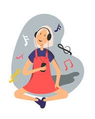 Cute woman with headphones sitting cross-legged and listening to music. She looking at playlist from smartphone. Music symbols included. Vector flat illustration.