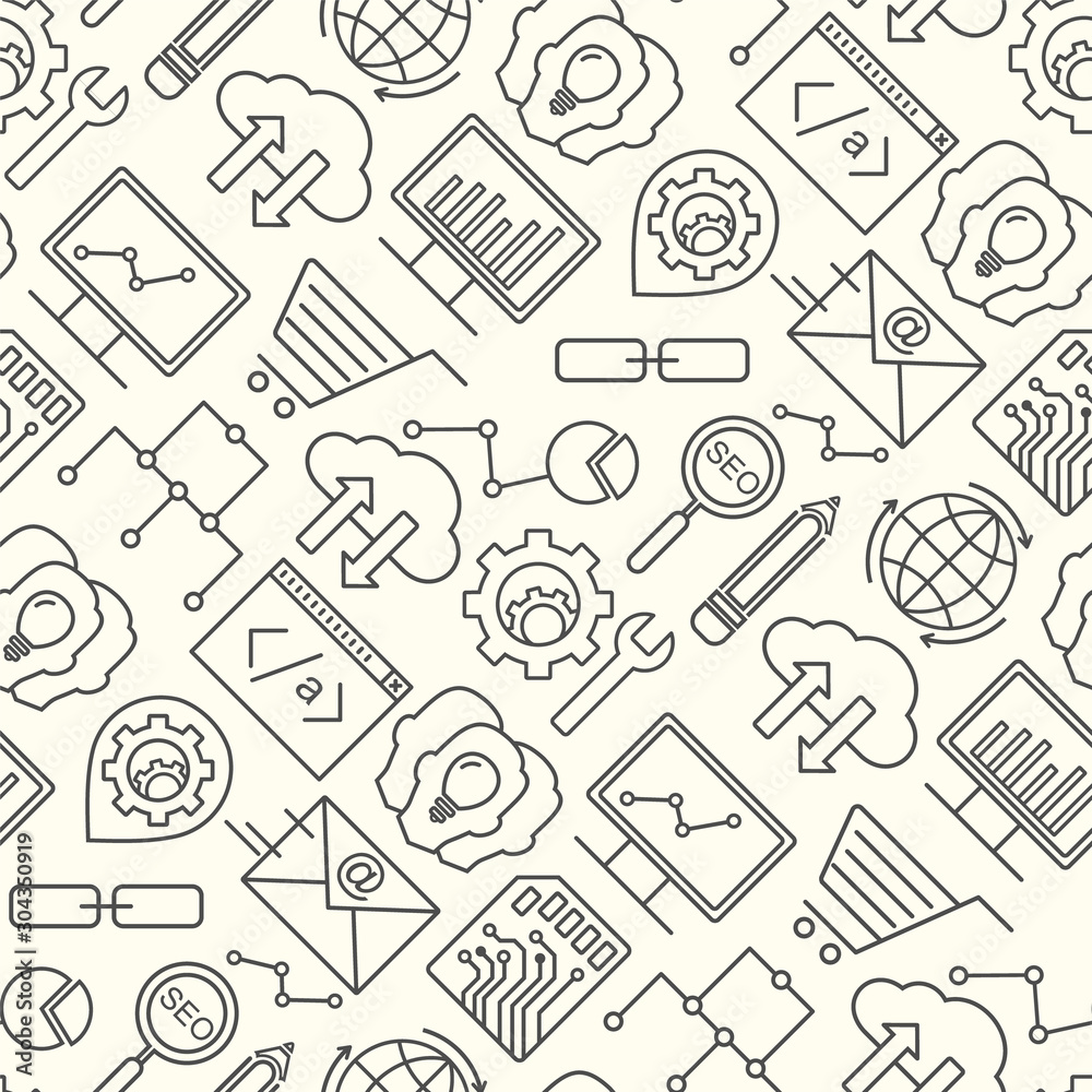 Poster seo and development seamless vector pattern with linear icons. line style seo and optimization seaml
