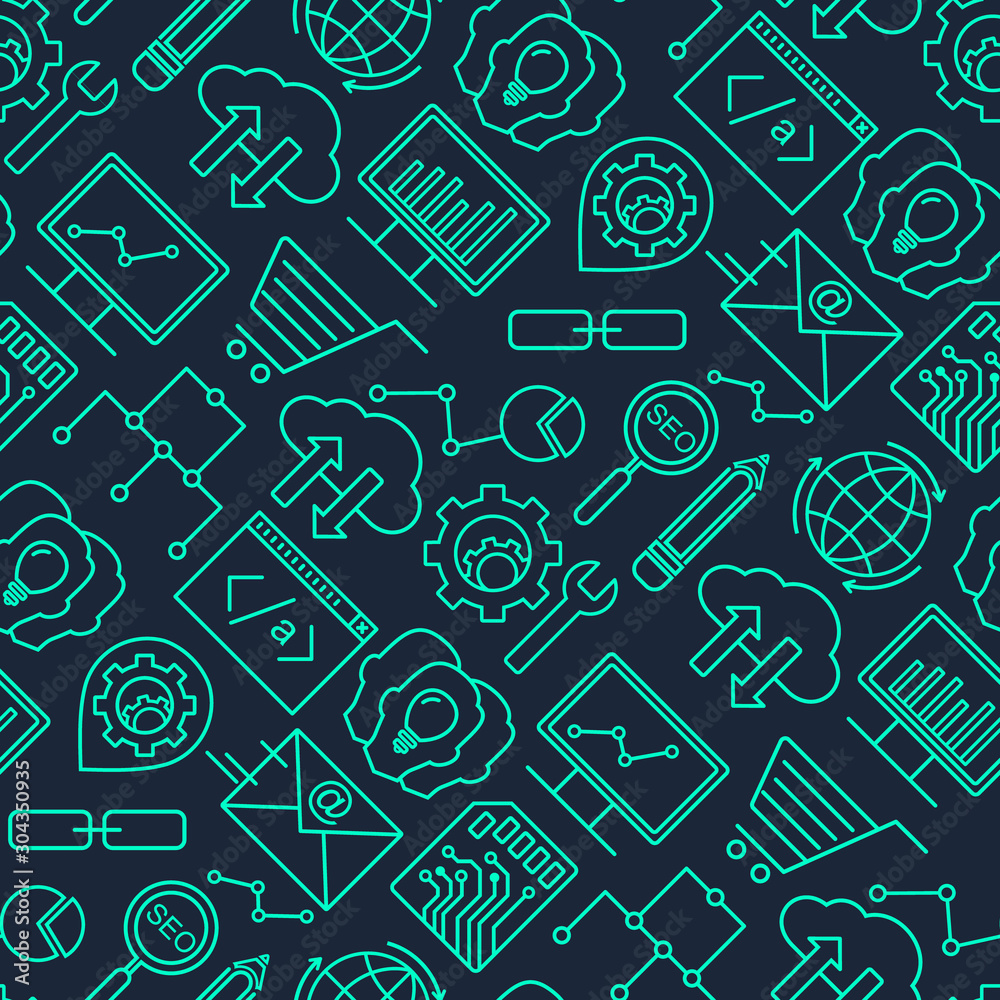 Poster seo and development seamless vector pattern with linear icons. line style seo and optimization seaml