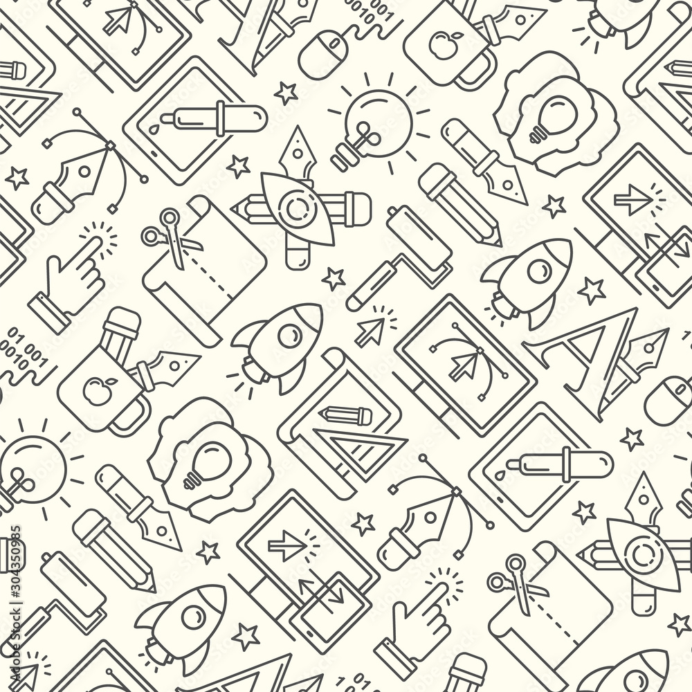 Poster vector graphic design seamless pattern with grey linear icons. line style designer background with p