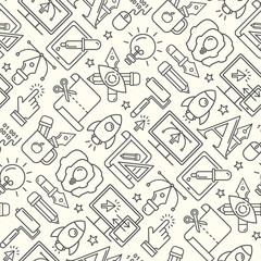 Vector graphic design seamless pattern with grey linear icons. Line style designer background with place for text.