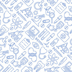 Vector medicine and health design seamless pattern with modern linear icons. Medical background contains line style symbols.