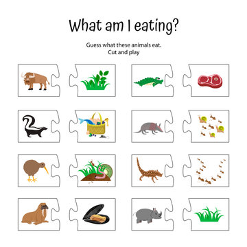 What am I eating? Animal food puzzle game for children. Zoo education of  preschoolers. activity for kids. Logical quiz worksheet Stock Vector |  Adobe Stock