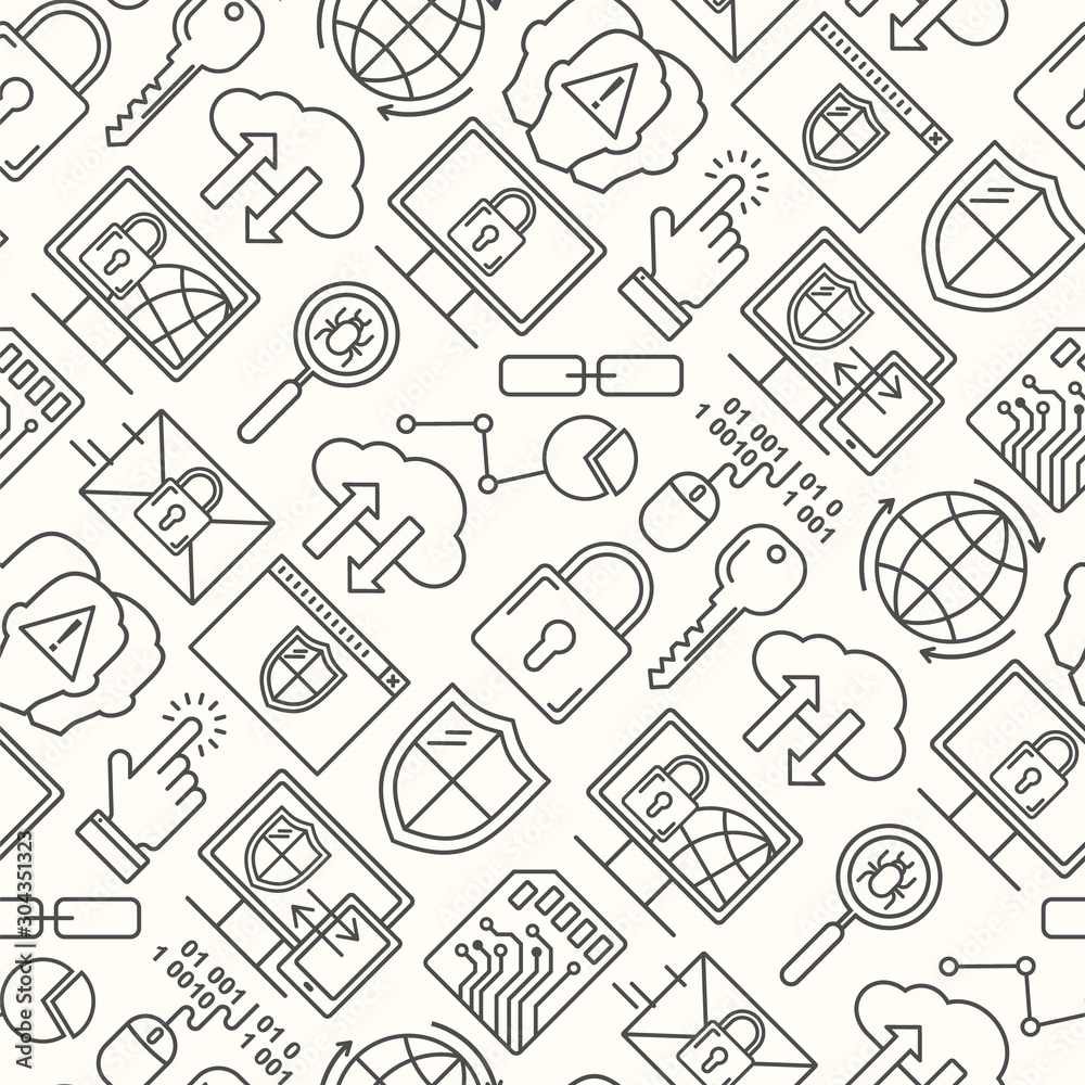 Poster line style vector seamless internet security pattern. data protection linear concept. web privacy an