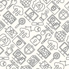 Line style vector seamless internet security pattern. Data protection linear concept. Web privacy and safety outlune background.