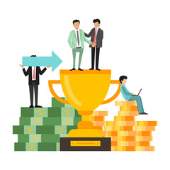 Businessman standing on big golden cup vector illustration. Gold award for business team. Teambuilding success concept