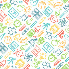 Seamless vector school background. Education pattern with modern line style icons.