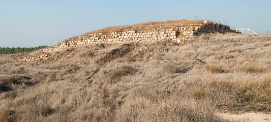ruins of the ancient city of Lakhish royal palace foundation sits on the highest point and covers...