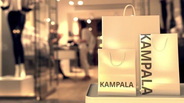 Bags with Kampala text. Shopping in Uganda related 3D animation
