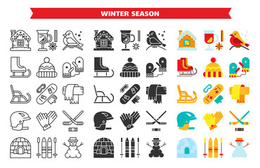 Winter outdoor sport line glyph flat icon set