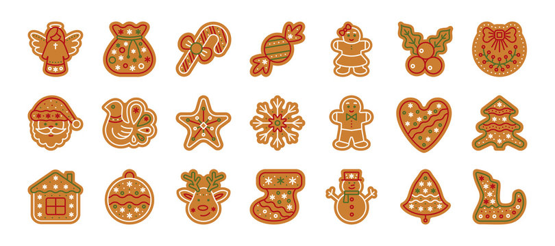 Christmas gingerbread xmas cookie flat icon set