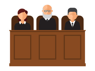 Court trial vector illustration. Courtroom interior with judges and lawyer. Law and criminal, crime and justice in courthouse concept.