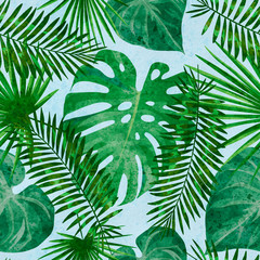 Fototapeta na wymiar Seamless pattern with leaves. Trendy texture with tropic plants. Exotic summer background. Design featuring teal green palm and monstera plant. For wallpaper, fabric, gift paper, postal packaging