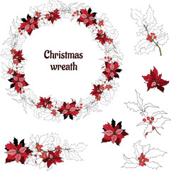 Set of gentle floral elements on a white background. Christmas wreath of contour branches and red flowers.