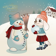 dog girl dressed in jackets and hat sculpt a snowman on a background of a winter landscape, color vector illustration