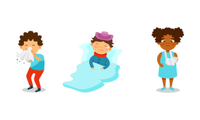 Children Suffering From Different Aches and Diseases Vector Illustrations