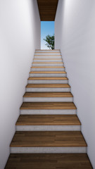 stairway to outside, white concrete wall, background 3d rendering