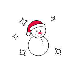 Black outline snowman with santa hat isolated on white background. Christmas and New Year design element. Winter symbol. Snowman line icon.