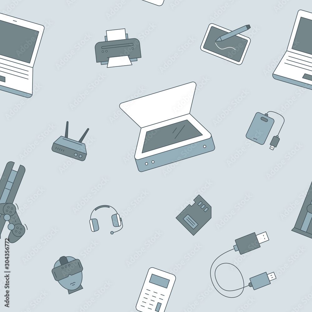 Fototapete Electronic devices background - Vector color seamless pattern of technique and computer for graphic design