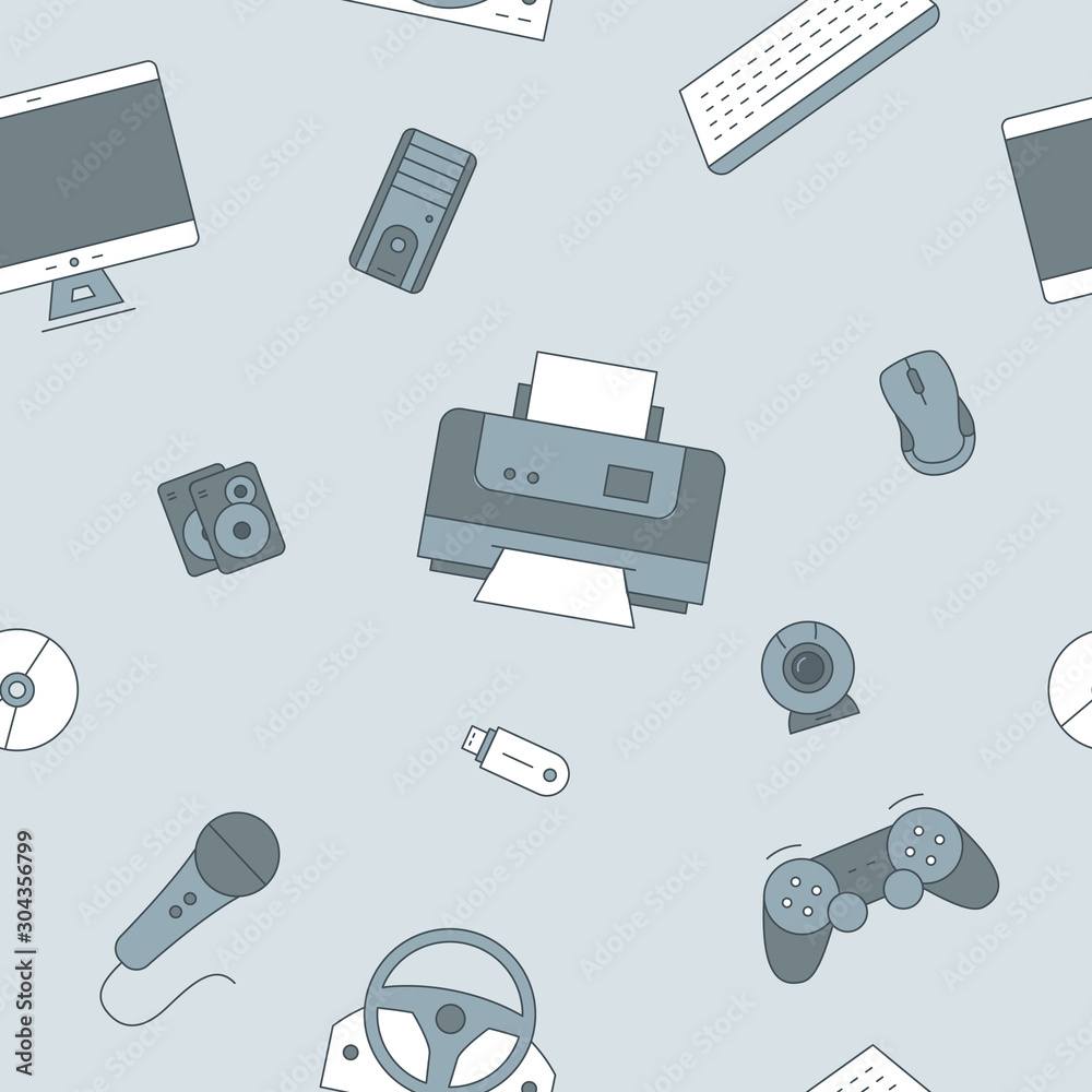 Fototapete Electronic devices background - Vector color seamless pattern of technique and computer for graphic design