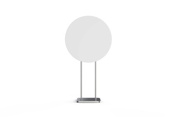 Blank signage stand, round information board mock up stand on isolated white background, 3d illustration