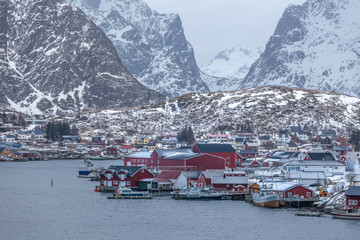 fisherman's cabins on the Lofoten at dawn in winter