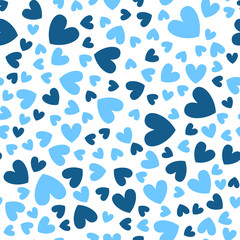 Fototapeta na wymiar Valentine Day abstract seamless pattern - cartoon blue hearts on white, rhythmic geometric shapes, vector romantic background, endless texture for wrapping, textile, scrapbook