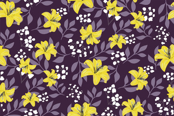 Fototapeta na wymiar Seamless floral pattern. Yellow lily, small white flowers on tree branches, leaves scattered random on a dark gray background. Trendy abstract vector texture. Hand-drawn illustration, Wallpaper, print