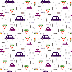  Seamless pattern: cars, road signs and tools on a white background. Can be used as a fabric for boys. Flat vector. illustration