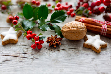 Christmas gingerbread spices and Christmas decorations.