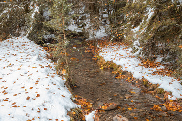 Ordesa National Valley in snowy autumn, located in Pyrenees Spain