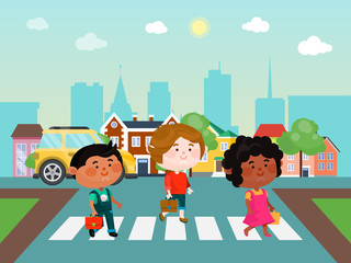 Kids crossing the street vector illustration. Children walking across the road. Boys and girl on the crossroad.