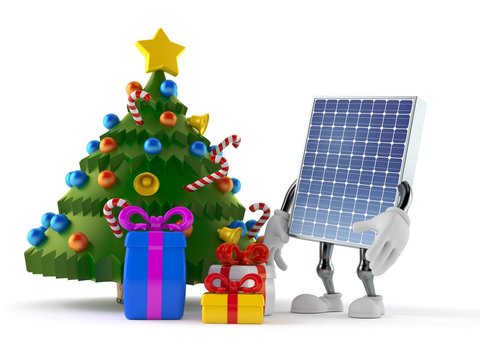 Photovoltaic panel character with christmas tree and gifts