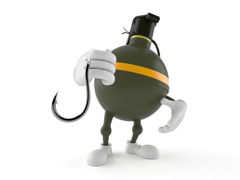 Hand grenade character holding fishing hook