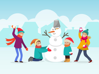 Children making snowman vector illustration. Two child make snow man, other playing snowballs. Winter fun
