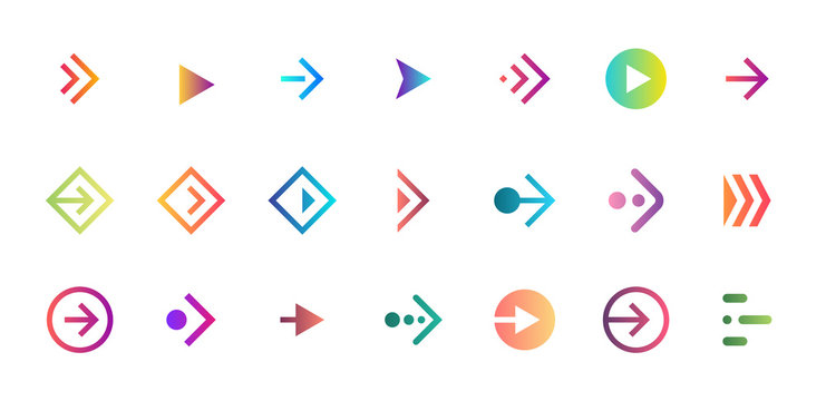 Swipe Arrow Right Gradient Button Icon Set. Application And Social Network Scroll Pictogram For Web Design Or App. Vector Flat Modern Next Direction Pointer Ui Interface Collection Illustration