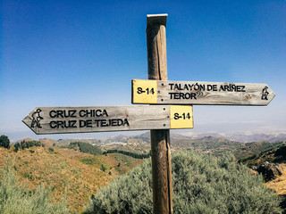 Signpost on the road in  Gran Canaria island in tropical Canary island, Spain on the way to Teror town and Cruz de Tejeda