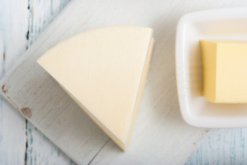 dairy products on old white wooden table